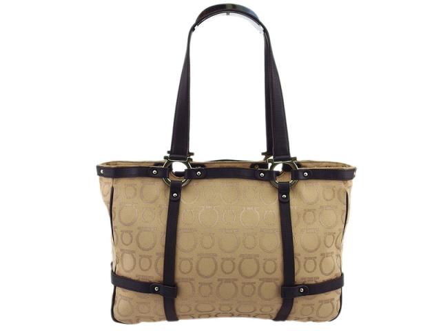 【30％OFF★週末タイムセール】サルヴァトーレフェラガモ Salvatore Ferragamo トートバッグガンチーニ ベージュ ブラウン レディース 中古_1