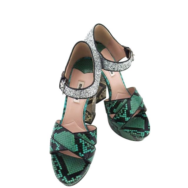 【BIGお買い物ラリー★30%OFFセール中】ミュウミュウ MIUMIU サンダルパイソン グリーン×シルバー レディース 中古