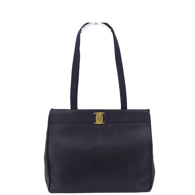 【BIGお買い物ラリー★30%OFFセール中】サルヴァトーレフェラガモ Salvatore Ferragamo トートバッグヴァラ リザード調 ブラック ネイビー レディース 中古