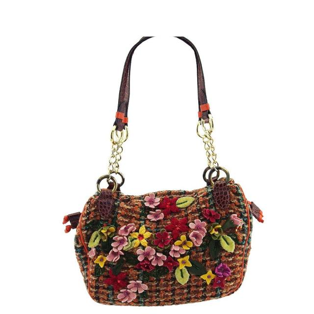 【BIGお買い物ラリー★30%OFFセール中】エトロ ETRO ショルダーバッグツィード 花 フラワーモチーフ ブラウン オレンジ レッド系 レディース 中古