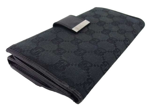 【美品】 グッチ 長財布 GG柄 キャンバス プレートロゴ レザー グッチ GUCCI 長財布GGキャンバス ロゴプレート ブラック レディース 中古