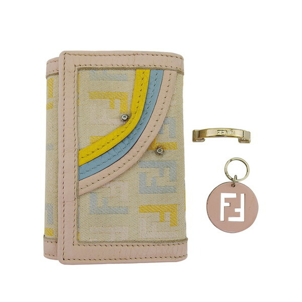 【BIGお買い物ラリー★30%OFFセール中】フェンディ FENDI キーケースズッカ ピンク×ライトブルー×イエロー レディース 中古