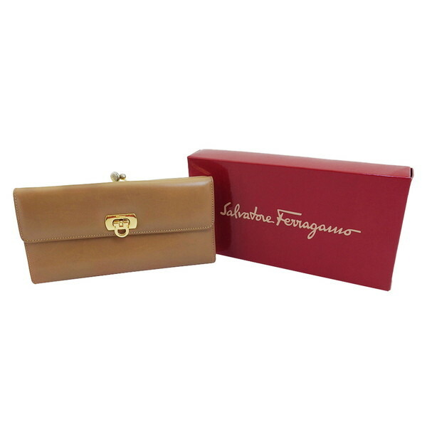 【BIGお買い物ラリー★30%OFFセール中】サルヴァトーレフェラガモ Salvatore Ferragamo 二つ折り財布ガンチーニ ブラウン×ゴールド レディース 中古