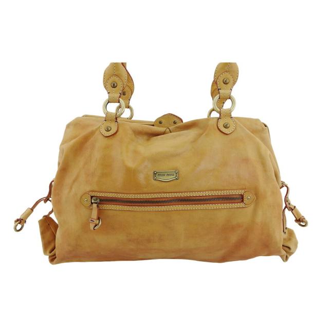 【BIGお買い物ラリー★30%OFFセール中】ミュウミュウ MIUMIU トートバッグロゴプレート ドクターズバッグ ベージュ レディース 中古