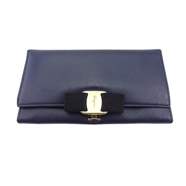 【X'masセール★30%OFF】サルヴァトーレフェラガモ Salvatore Ferragamo 長財布ヴァラリボン ネイビー ブラック レディース 中古