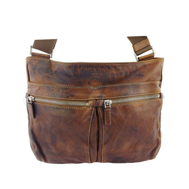 【X'masセール★30%OFF】プラダ PRADA ショルダーバッグロゴ ZIPポケット ブラウン レディース 中古