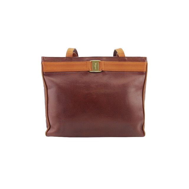 【BIGお買い物ラリー★30%OFFセール中】サルヴァトーレフェラガモ Salvatore Ferragamo トートバッグヴァラ リザード調 ブラウン ゴールド レディース 中古