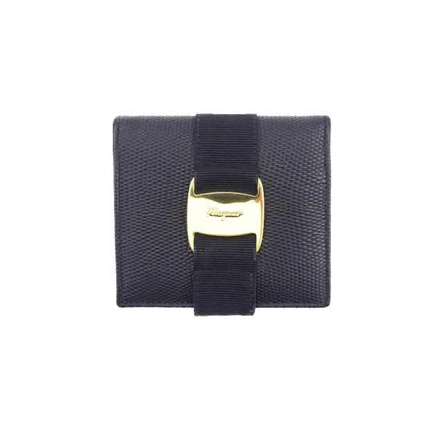 【BIGお買い物ラリー★30%OFFセール中】サルヴァトーレフェラガモ Salvatore Ferragamo 二つ折り財布ヴァラ金具 ブラック　ゴールド レディース 中古