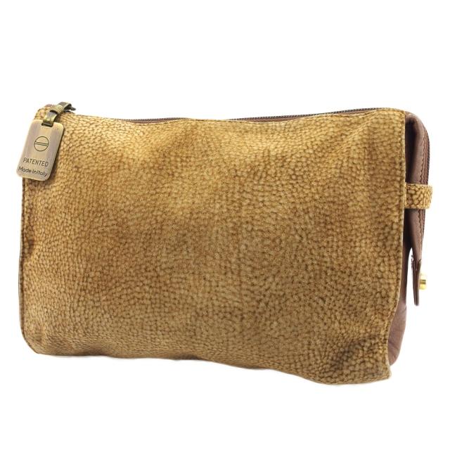 【BIGお買い物ラリー★30%OFFセール中】ボルボネーゼ BORBONESE クラッチバッグうずら柄 redwallタグ付き ブラウン ベージュ ゴールド レディース 中古