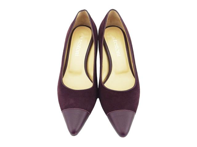 【週末セール★30％OFF】ア・テストーニ a.testoni パンプスポインテッドトゥ ♯35 つま先切替えデザイン パープル ボルドー ゴールド レディース 中古_1