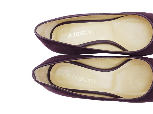 【週末セール★30％OFF】ア・テストーニ a.testoni パンプスポインテッドトゥ ♯35 つま先切替えデザイン パープル ボルドー ゴールド レディース 中古_5