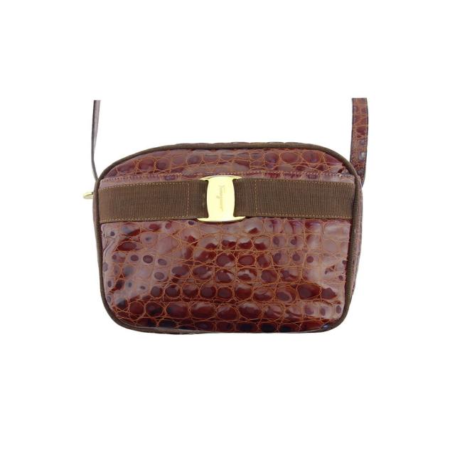 【BIGお買い物ラリー★30%OFFセール中】サルヴァトーレフェラガモ Salvatore Ferragamo ショルダーバッグヴァラ クロコ調 ブラウン ゴールド レディース 中古