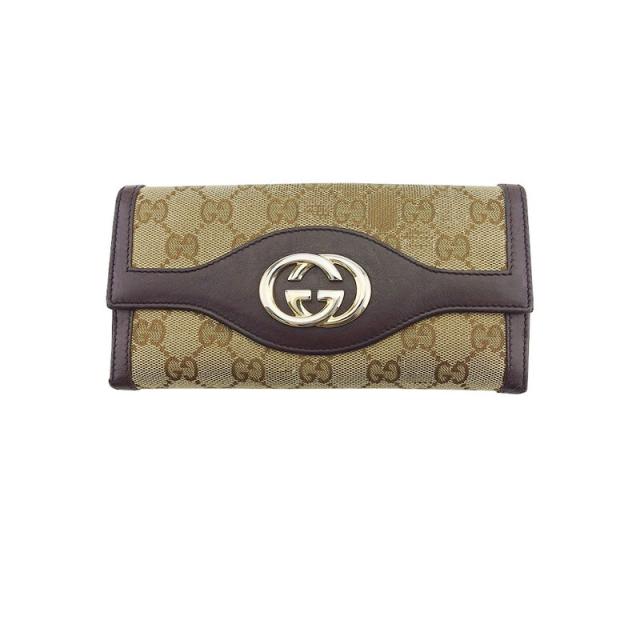 【BIGお買い物ラリー★30%OFFセール中】グッチ GUCCI 長財布GGキャンバス スーキー インターロッキングG ベージュ ブラウン ゴールド レディース 中古