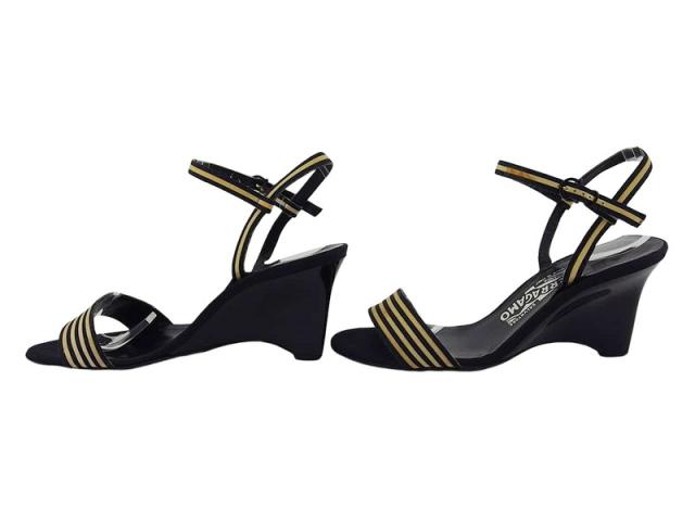 【週末セール★30％OFF】サルヴァトーレフェラガモ Salvatore Ferragamo サンダルボーダー ♯6D ウェッジソール ブラック ベージュ レディース 中古_1
