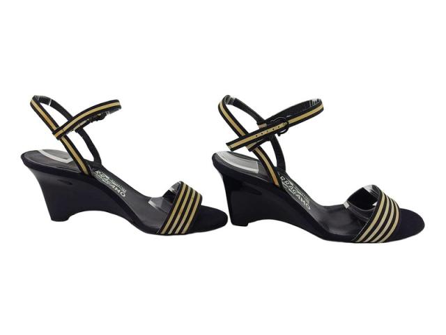 【週末セール★30％OFF】サルヴァトーレフェラガモ Salvatore Ferragamo サンダルボーダー ♯6D ウェッジソール ブラック ベージュ レディース 中古_2