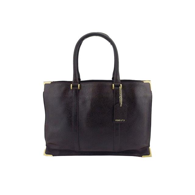 【X'masセール★30%OFF】フェンディ FENDI トートバッグFF角プレート ブラウン ゴールド レディース 中古