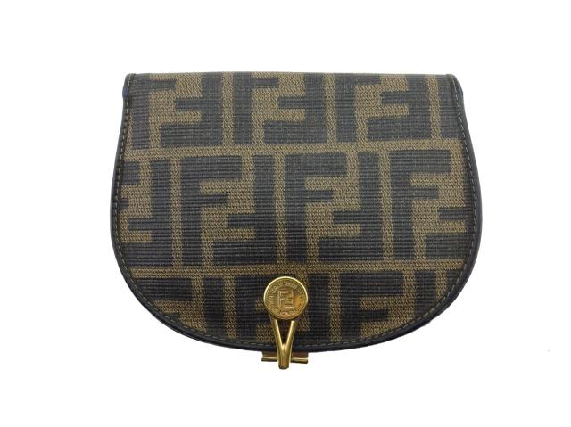 【30％OFF★土日ひと休み大売り出し】フェンディ FENDI 二つ折り紙入れズッカ 黒いこと ベージュ ゴールド レディース 中古