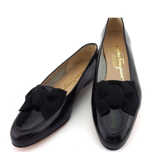 極美品 サルバトーレフェラガモ ブラック パンプス 約23.5cm 168.サルヴァトーレフェラガモ ローヒールパンプス ブラック