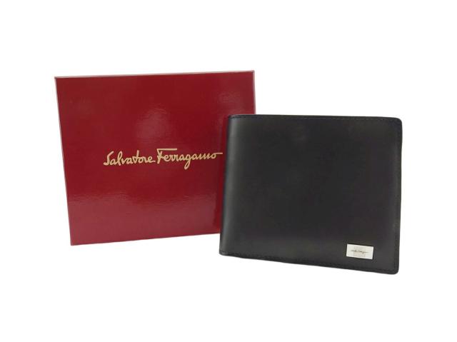 サルヴァトーレフェラガモ Salvatore Ferragamo 二つ折り財布ロゴプレート ブラック シルバー ブラウン レディース 中古_10