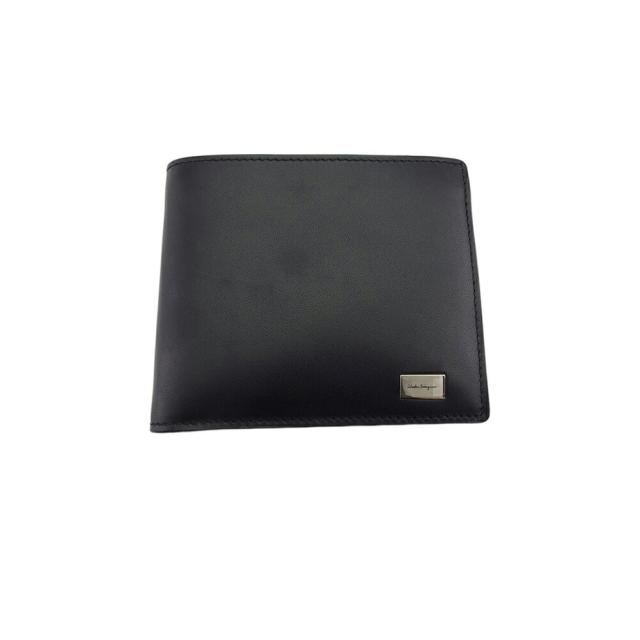 【BIGお買い物ラリー★30%OFFセール中】サルヴァトーレフェラガモ Salvatore Ferragamo 二つ折り財布ロゴプレート ブラック シルバー ブラウン レディース 中古