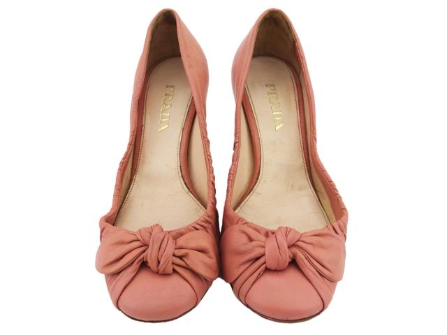【30％OFF★週末タイムSALE】プラダ PRADA パンプスリボンモチーフ ♯35ハーフ ラウンドトゥ ピンク ゴールド レディース 中古
