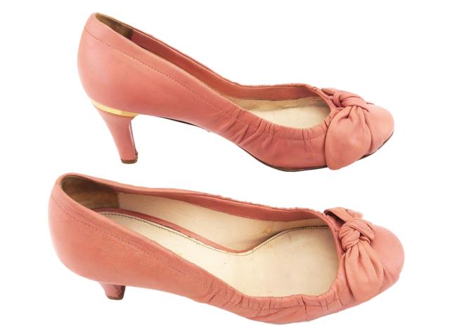 【30％OFF★週末タイムSALE】プラダ PRADA パンプスリボンモチーフ ♯35ハーフ ラウンドトゥ ピンク ゴールド レディース 中古
