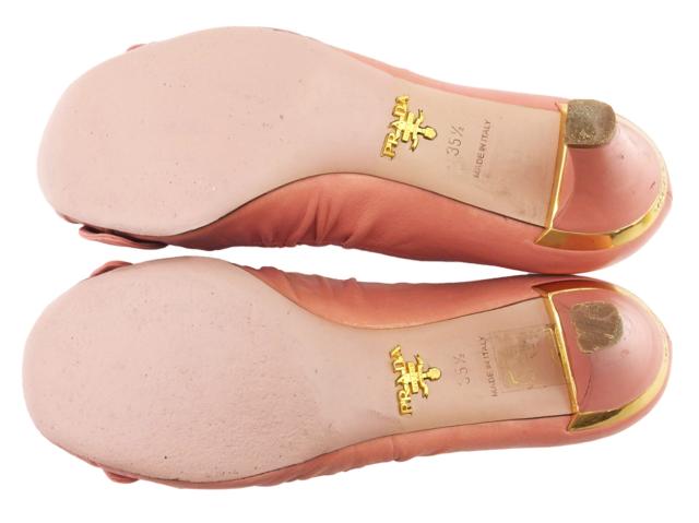 【30％OFF★週末タイムSALE】プラダ PRADA パンプスリボンモチーフ ♯35ハーフ ラウンドトゥ ピンク ゴールド レディース 中古