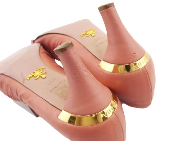 【30％OFF★週末タイムSALE】プラダ PRADA パンプスリボンモチーフ ♯35ハーフ ラウンドトゥ ピンク ゴールド レディース 中古