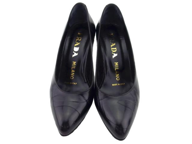 【GWタイムセール】プラダ PRADA パンプスアーモンドトゥ ♯34ハーフ ハイヒール ブラック レディース 中古_1