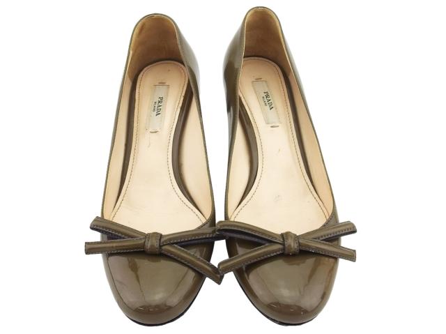 プラダ PRADA パンプスリボン ♯35 ウェッジソール グリーン ブラウン レディース 中古_1