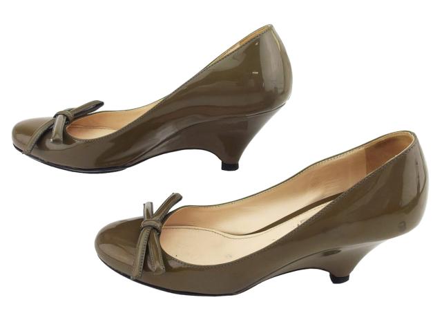 プラダ PRADA パンプスリボン ♯35 ウェッジソール グリーン ブラウン レディース 中古_3