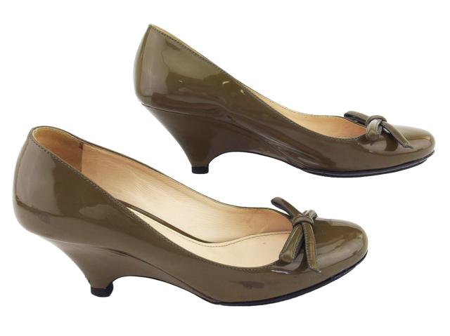 プラダ PRADA パンプスリボン ♯35 ウェッジソール グリーン ブラウン レディース 中古_4