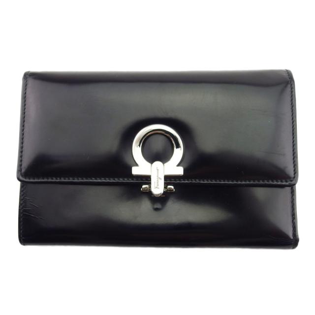 未使用　フェラガモ　三つ折り財布　オールレザー　ブラック　シルバー　ガンチーニ サルヴァトーレフェラガモ Salvatore Ferragamo 三つ折り財布