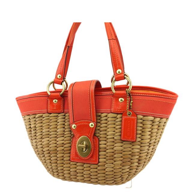 【BIGお買い物ラリー★30%OFFセール中】コーチ COACH トートバッグターンロック レザータグ付き ベージュ オレンジ ゴールド レディース 中古