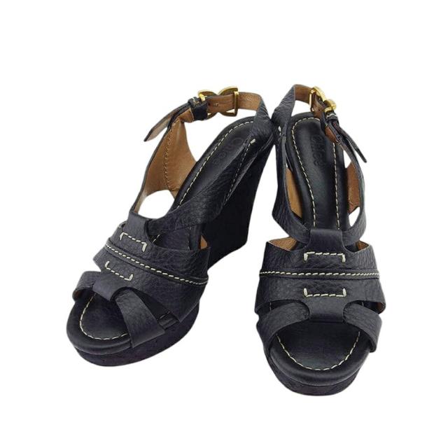 【X'masセール★30%OFF】クロエ Chloe サンダルグルカサンダル ♯36 ウェッジソール ブラック ゴールド レディース 中古
