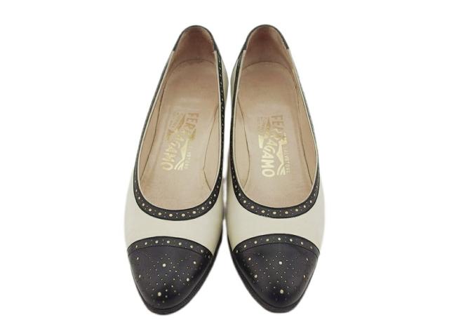 【ウィンターSALE★30%OFF】サルヴァトーレフェラガモ Salvatore Ferragamo パンプスパンチングレザー ♯5C バイカラー ベージュ ブラック レディース 中古