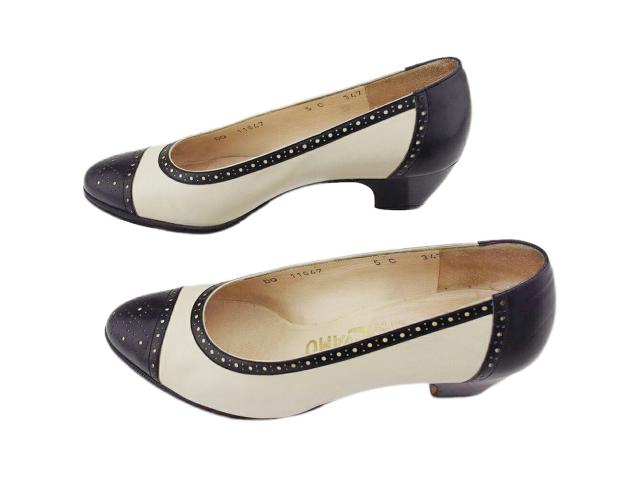 【ウィンターSALE★30%OFF】サルヴァトーレフェラガモ Salvatore Ferragamo パンプスパンチングレザー ♯5C バイカラー ベージュ ブラック レディース 中古