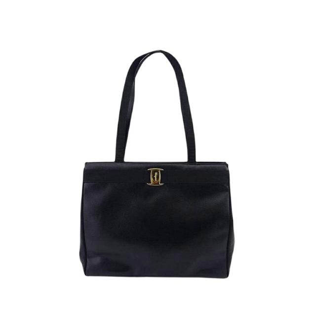 【X'masセール★30%OFF】サルヴァトーレフェラガモ Salvatore Ferragamo トートバッグヴァラ リザード調 ブラック ゴールド レディース 中古
