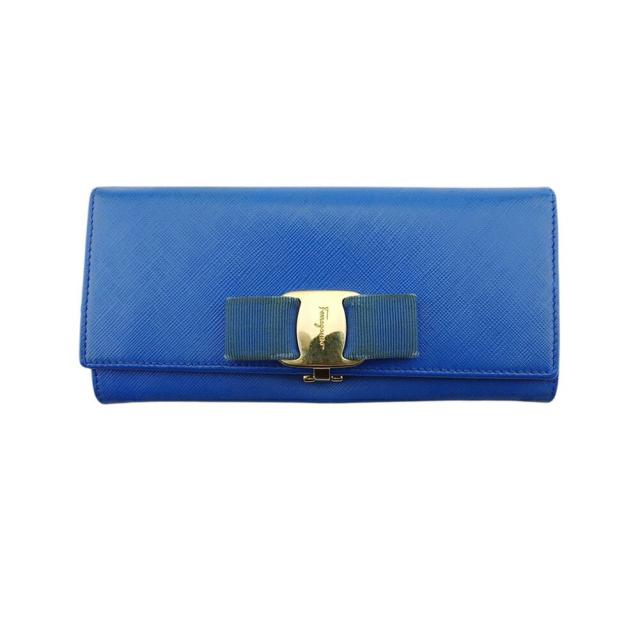 【BIGお買い物ラリー★30%OFFセール中】サルヴァトーレフェラガモ Salvatore Ferragamo 長財布ヴァラリボン ブルー ゴールド レディース 中古