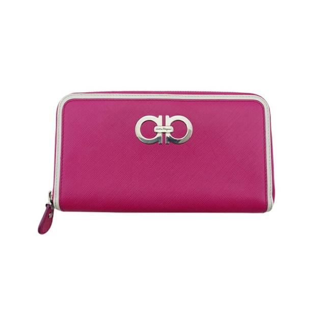 【X'masセール★30%OFF】サルヴァトーレフェラガモ Salvatore Ferragamo 長財布ガンチーニ ピンク ホワイト 白 シルバー レディース 中古