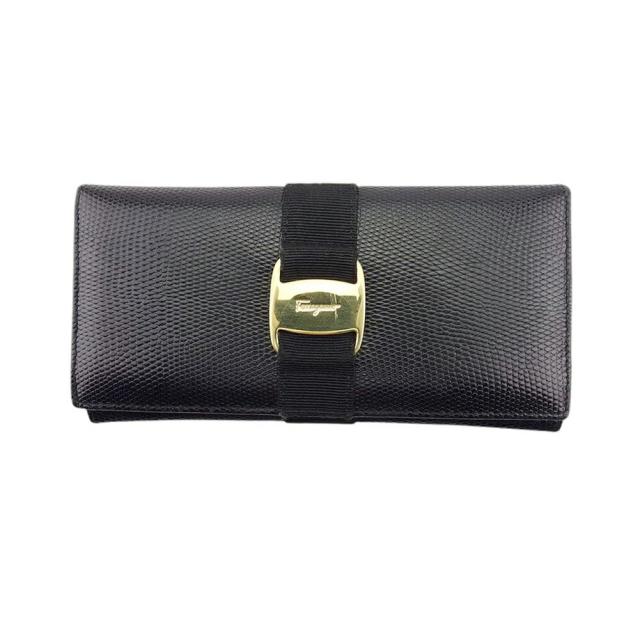 【X'masセール★30%OFF】サルヴァトーレフェラガモ Salvatore Ferragamo 長財布ヴァラ リザード調 ブラック ゴールド レディース 中古