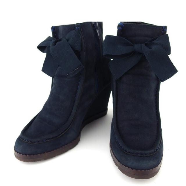 【BIGお買い物ラリー★30%OFFセール中】ケイトスペード Kate Spade ブーツショート ♯7M リボン ウェッジソール ネイビー ブラウン レディース 中古