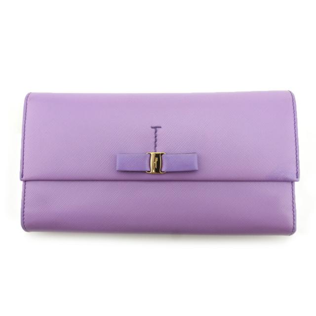 【X'masセール★30%OFF】サルヴァトーレフェラガモ Salvatore Ferragamo 長財布ヴァラリボン パープル ゴールド レディース 中古