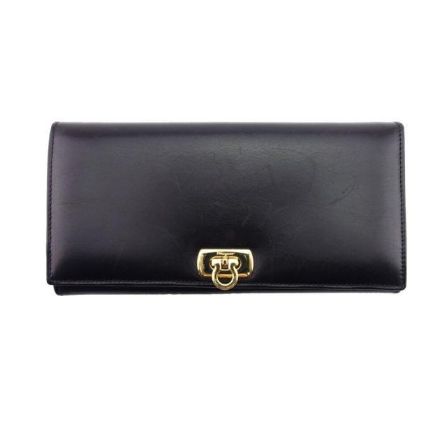 【X'masセール★30%OFF】サルヴァトーレフェラガモ Salvatore Ferragamo 長財布ガンチーニ ブラック ゴールド レディース 中古