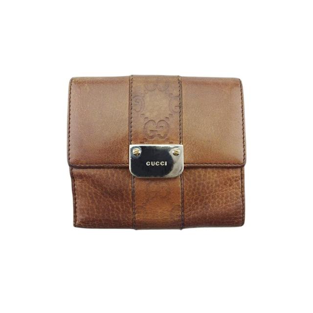 【BIGお買い物ラリー★30%OFFセール中】グッチ GUCCI 二つ折り財布グッチシマ ロゴプレート ブラウン シルバー ゴールド レディース 中古