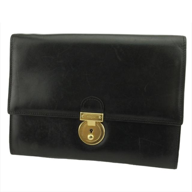 【BIGお買い物ラリー★30%OFFセール中】サルヴァトーレフェラガモ Salvatore Ferragamo クラッチバッグロゴプレート ブラック ゴールド レディース 中古