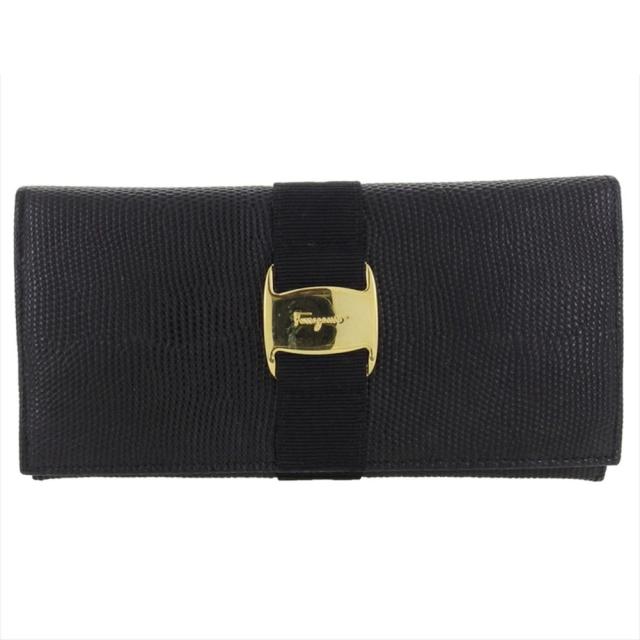 【BIGお買い物ラリー★30%OFFセール中】サルヴァトーレフェラガモ Salvatore Ferragamo 長財布ヴァラ リザード調 ブラック ゴールド レディース 中古