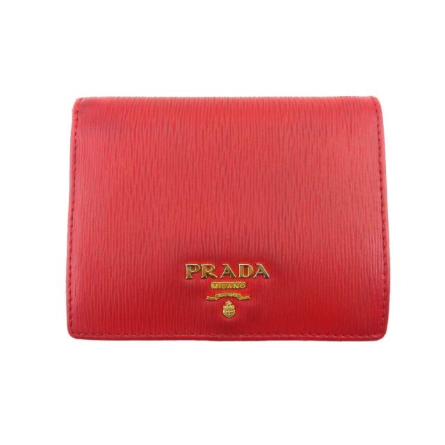【BIGお買い物ラリー★30%OFFセール中】プラダ PRADA 二つ折り財布ロゴ レッド ゴールド レディース 中古