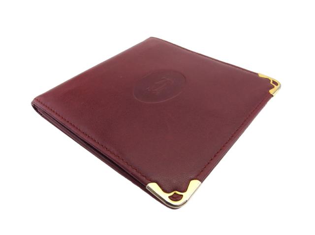 【30％OFF★土日ひと休み大売り出し】カルティエ CARTIER 二つ折り紙入れ帆柱生産ライン ボルドーワイン ゴールド レディース 中古