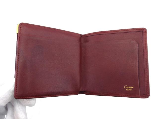 【30％OFF★土日ひと休み大売り出し】カルティエ CARTIER 二つ折り紙入れ帆柱生産ライン ボルドーワイン ゴールド レディース 中古